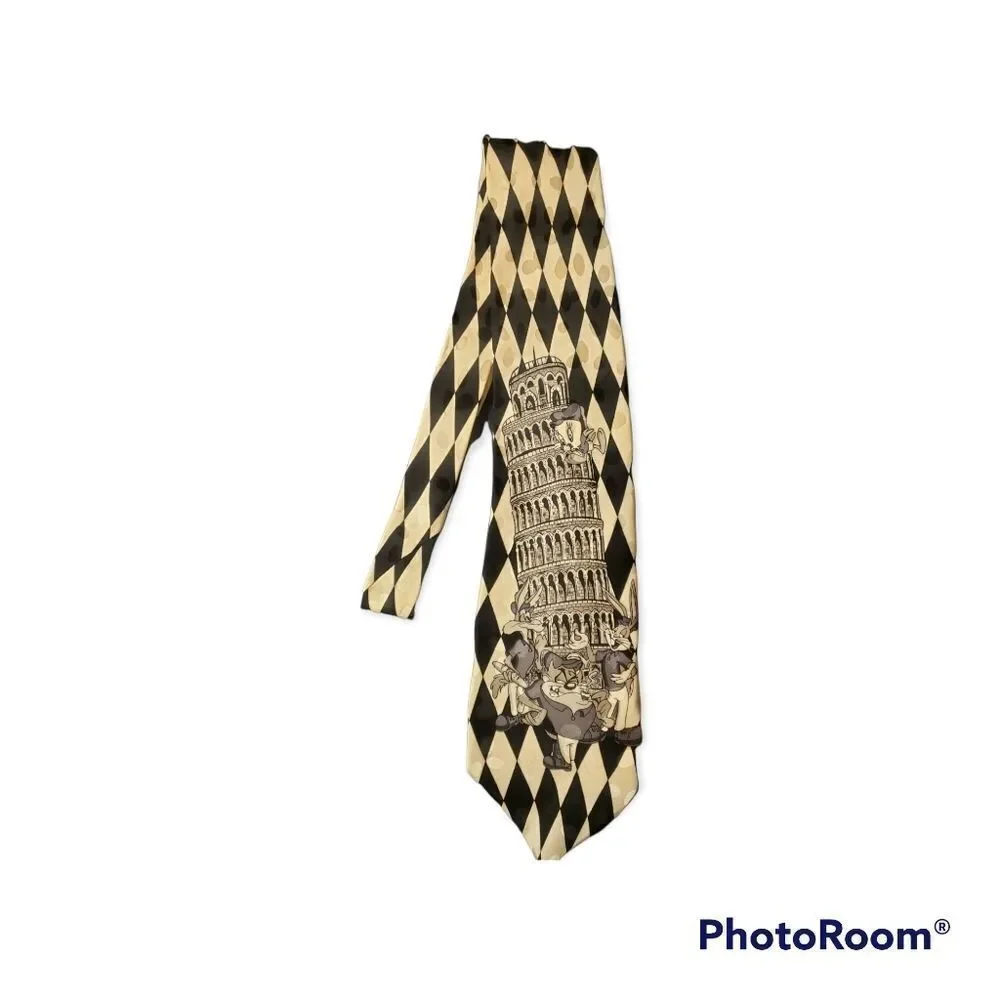 Vintage Looney Tunes Black and White Pisa Italy  Taz 100% silk tie 59